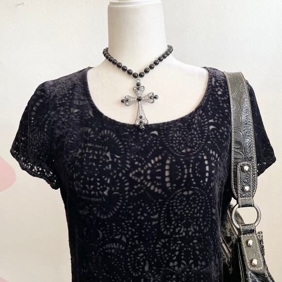 Black Burnout Velvet Mesh Top Oversized Grunge Witchy Gothic Whimsigoth Small - Picture 2 of 7